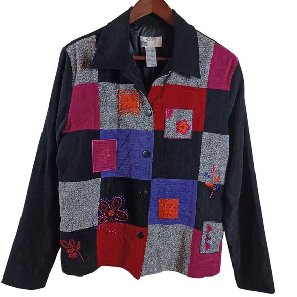 Koret Patchwork Embroidered Jacket Sz L Black Multicolor Artsy Boho Style - Picture 2 of 8